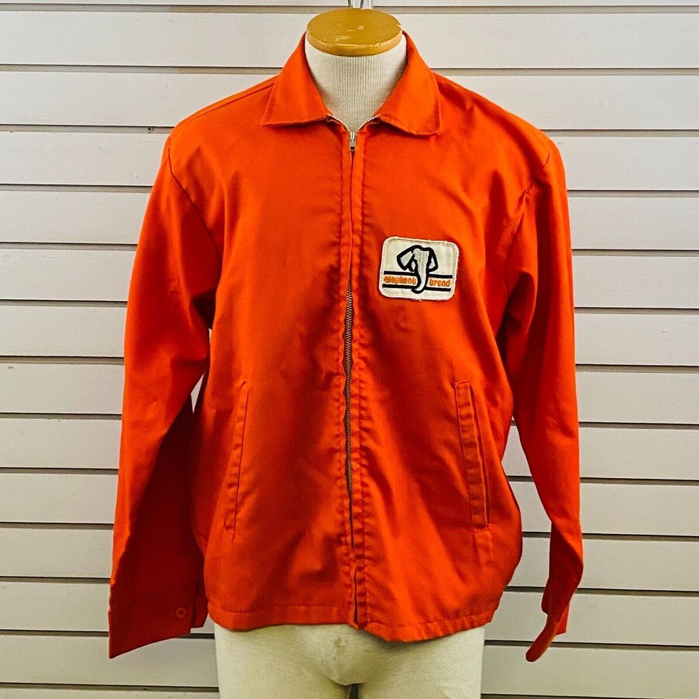 Vtg Mens M K-Brand Jacket Zip Orange Elephant Brand Patch Ag Feed & Seed Coat